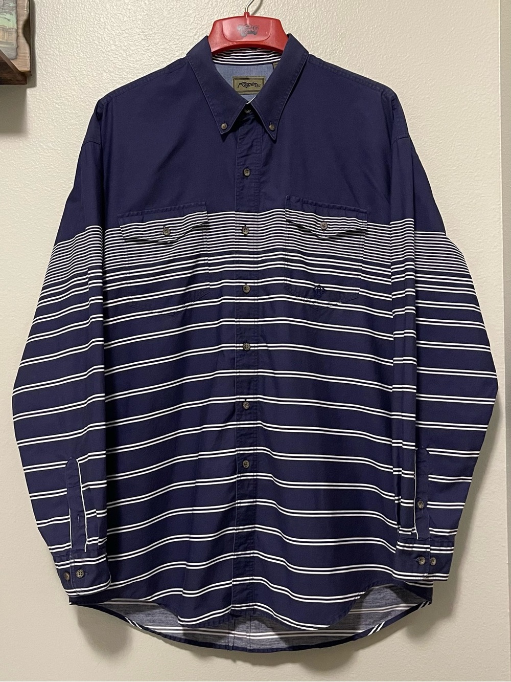 Vintage Roper Engineered Border Stripe Long-Sleeve - Western Navy Ombré - XL
